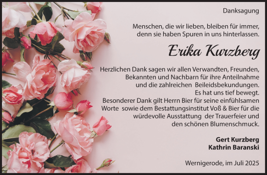 Traueranzeige von Erika Kurzberg von Volksstimme Wernigerode