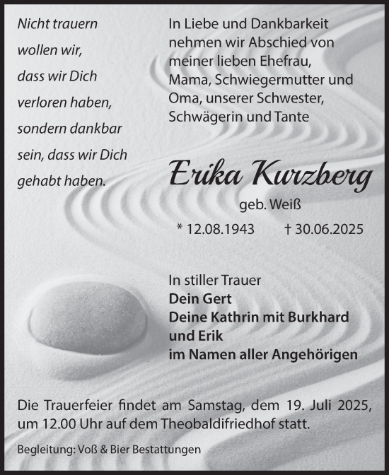Traueranzeige von Erika Kurzberg von Volksstimme Wernigerode