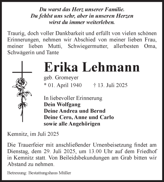 Traueranzeige von Erika Lehmann von Volksstimme Altmark West