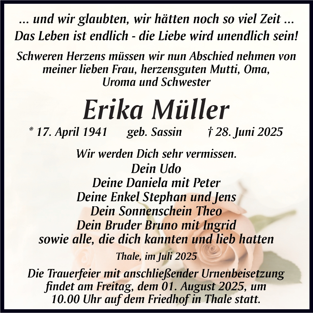 Traueranzeige für Erika Müller vom 12.07.2025 aus Trauerkombi Quedlinburg