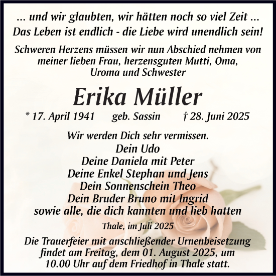Traueranzeige von Erika Müller von Trauerkombi Quedlinburg