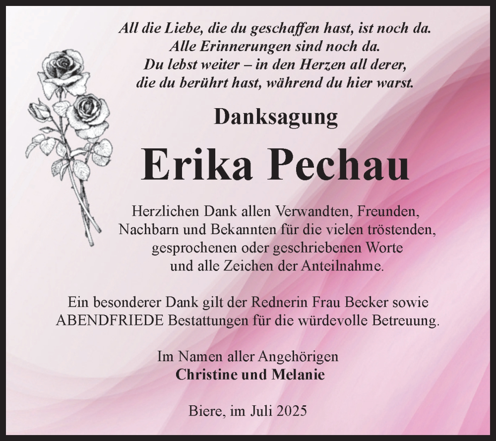  Traueranzeige für Erika Pechau vom 12.07.2025 aus Volksstimme Schönebeck