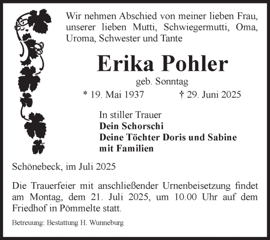 Traueranzeige von Erika Pohler von Volksstimme Schönebeck