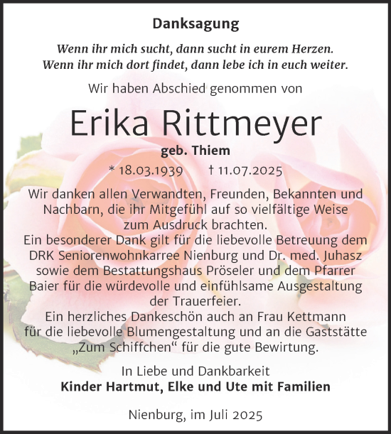 Traueranzeige von Erika Rittmeyer von Trauerkombi Bernburg