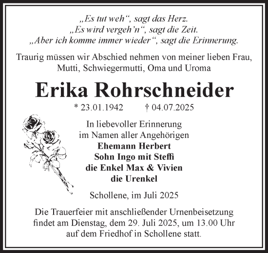 Traueranzeige von Erika Rohrschneider von Volksstimme Altmark Ost