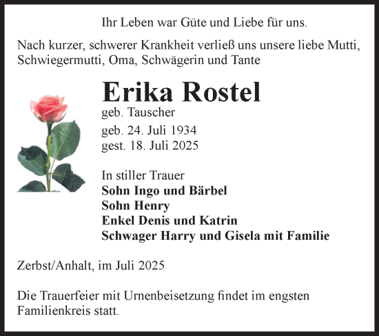 Traueranzeige von Erika Rostel von Volksstimme Zerbst
