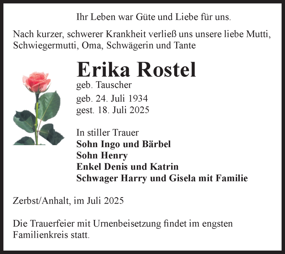  Traueranzeige für Erika Rostel vom 25.07.2025 aus Volksstimme Zerbst