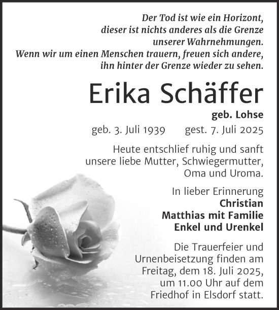 Traueranzeige von Erika Schäffer von Mitteldeutsche Zeitung Köthen