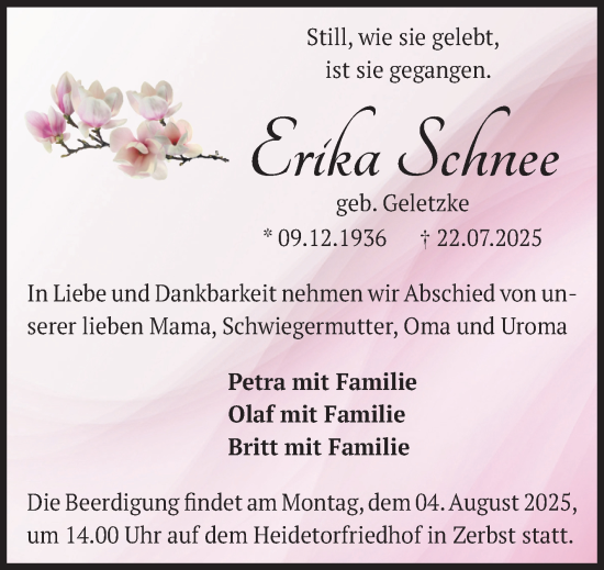 Traueranzeige von Erika Schnee von Volksstimme Zerbst