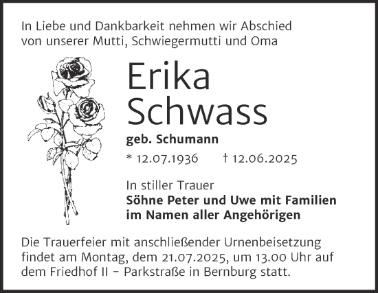 Traueranzeige von Erika Schwass von Trauerkombi Bernburg
