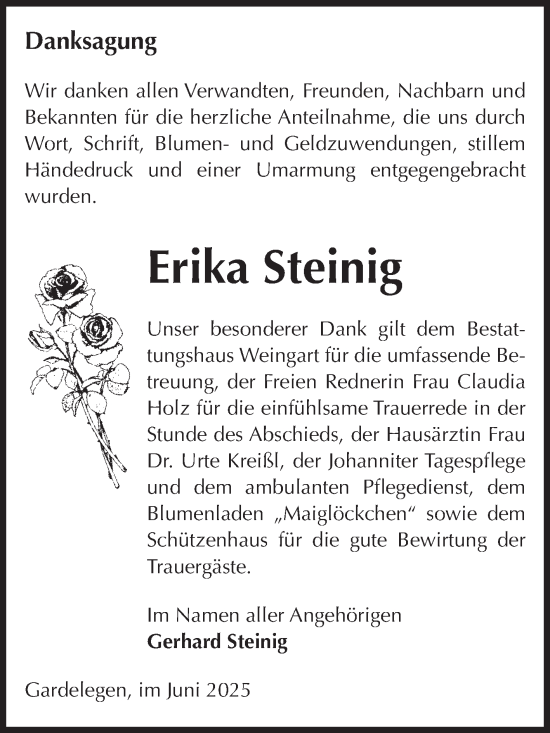 Traueranzeige von Erika Steinig von Volksstimme Altmark West