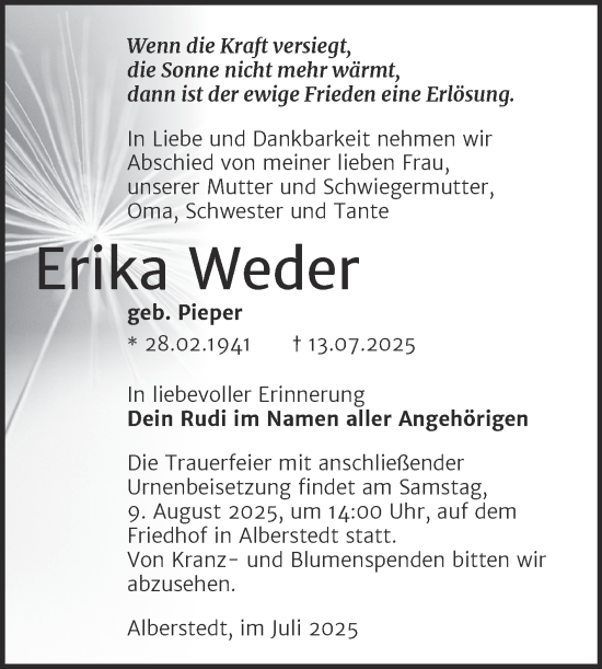 Traueranzeige von Erika Weder von Trauerkombi Merseburg