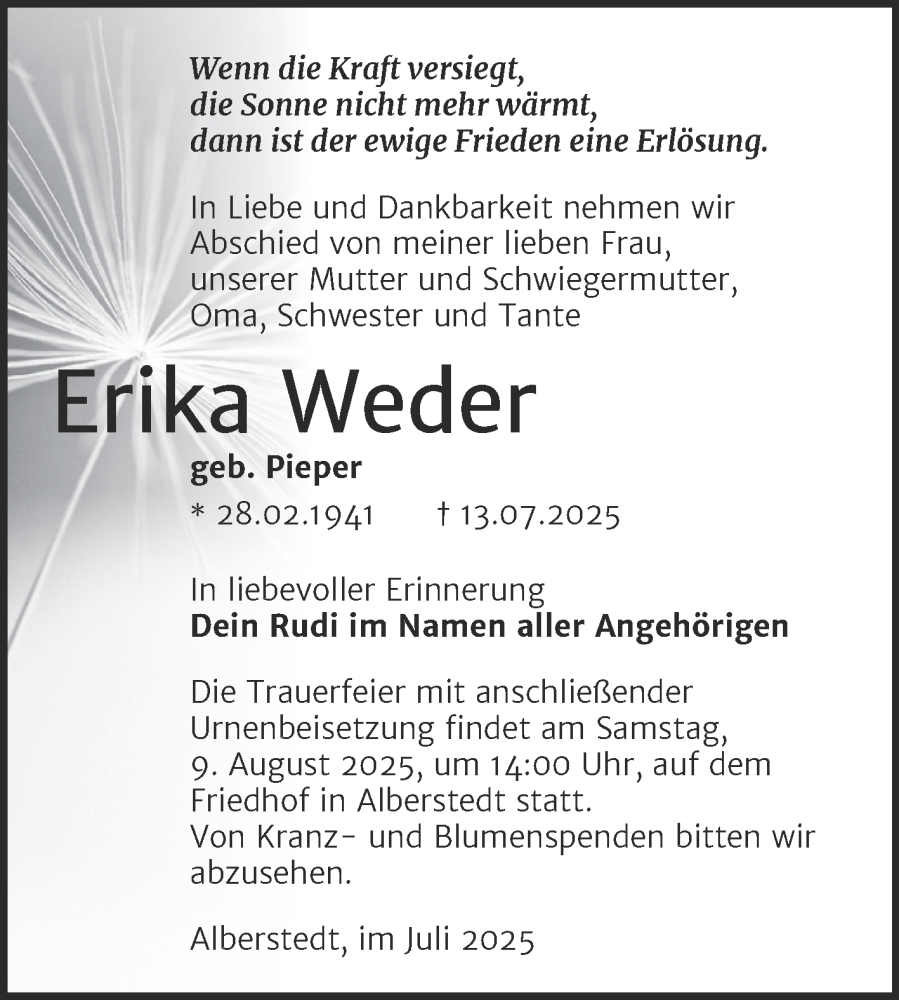  Traueranzeige für Erika Weder vom 26.07.2025 aus Trauerkombi Merseburg
