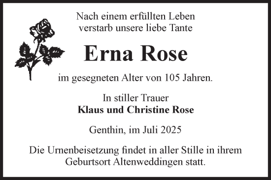 Traueranzeige von Erna Rose von Volksstimme Burg/Genthin