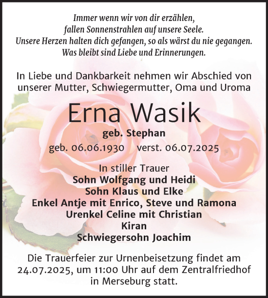 Traueranzeige von Erna Wasik von Trauerkombi Merseburg
