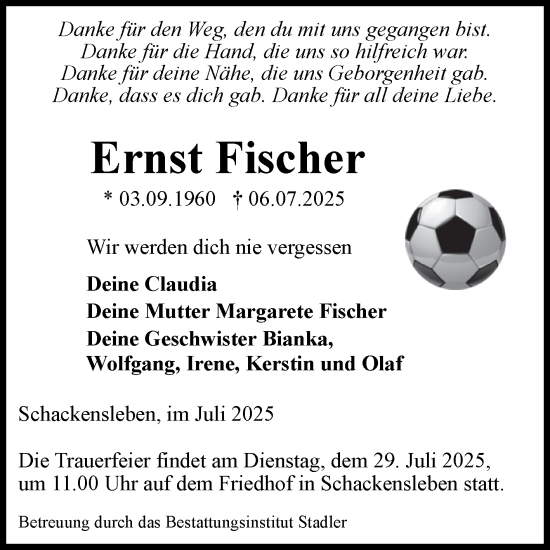 Traueranzeige von Ernst Fischer von Volksstimme Haldensleben/Wolmirstedt