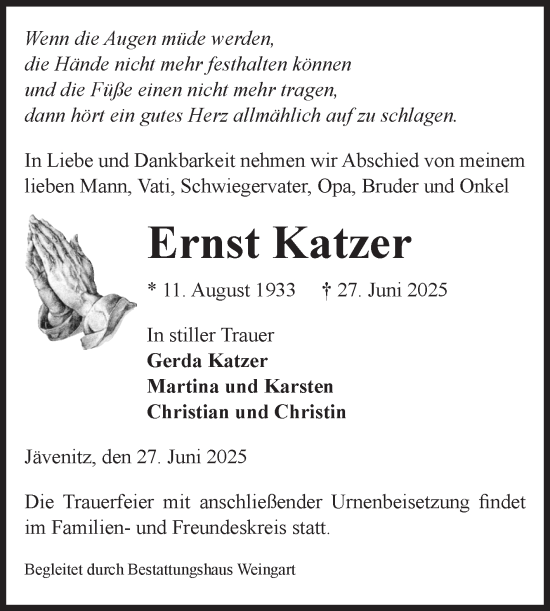 Traueranzeige von Ernst Katzer von Volksstimme Altmark West