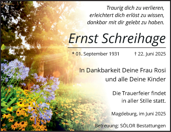 Traueranzeige von Ernst Schreihage von Volksstimme Magdeburg