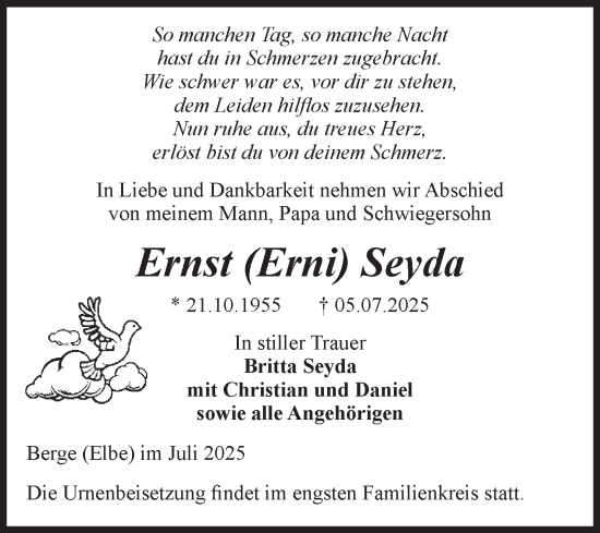 Traueranzeige von Ernst Seyda von Volksstimme Altmark Ost