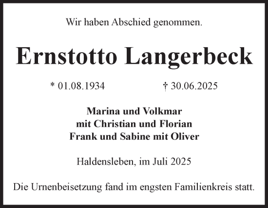 Traueranzeige von Ernstotto Langerbeck von Volksstimme Haldensleben/Wolmirstedt