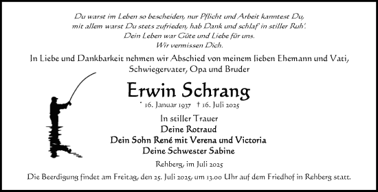 Traueranzeige von Erwin Schrang von Volksstimme Altmark Ost
