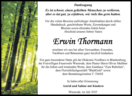 Traueranzeige von Erwin Thormann von Volksstimme Wernigerode