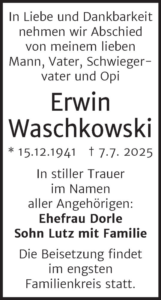 Traueranzeige von Erwin Waschkowski von Mitteldeutsche Zeitung Halle/Saalkreis