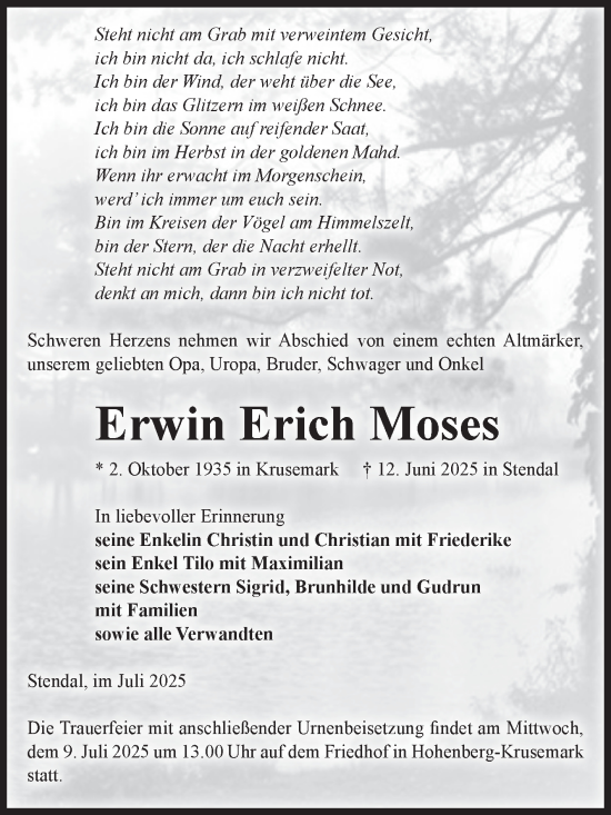 Traueranzeige von Erwin Erich Moses von Volksstimme Altmark Ost