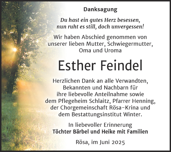 Traueranzeige von Esther Feindel von Trauerkombi Bitterfeld