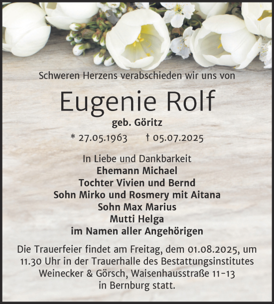 Traueranzeige von Eugenie Rolf von Trauerkombi Bernburg