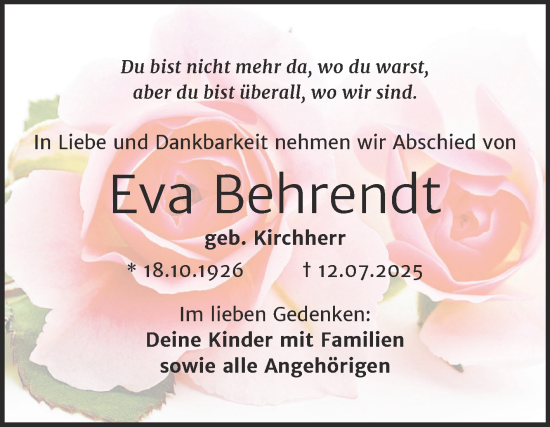 Traueranzeige von Eva Behrendt von Mitteldeutsche Zeitung Mansfelder Land