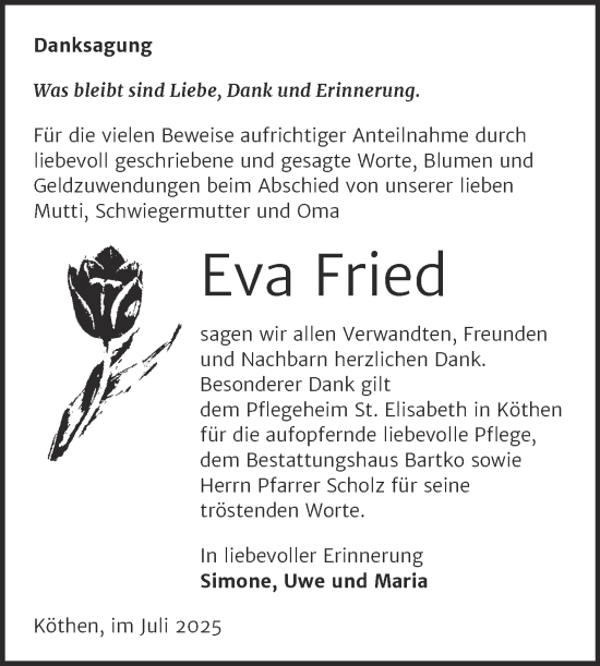 Traueranzeige von Eva Fried von Trauerkombi Köthen