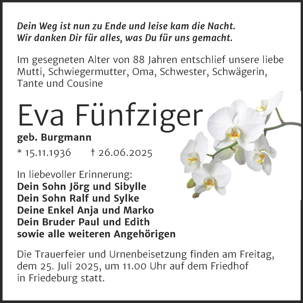  Traueranzeige für Eva Fünfziger vom 05.07.2025 aus Trauerkombi Mansfelder Land