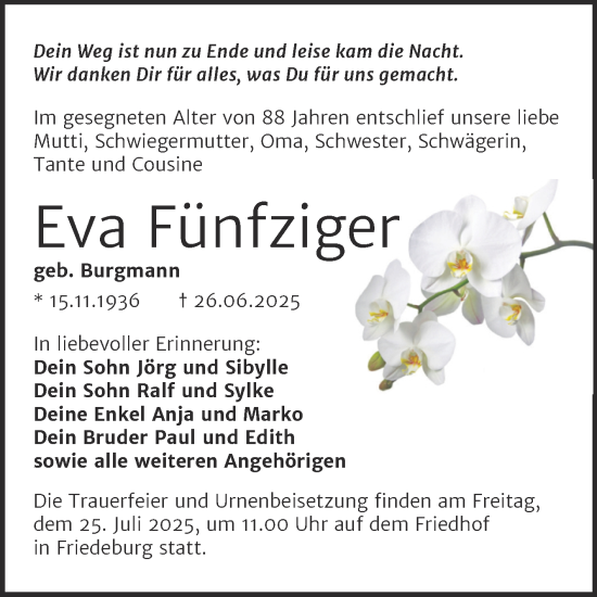 Traueranzeige von Eva Fünfziger von Trauerkombi Mansfelder Land