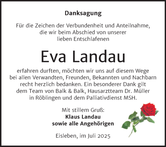 Traueranzeige von Eva Landau von Trauerkombi Mansfelder Land