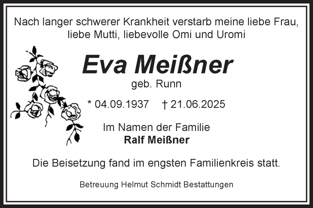  Traueranzeige für Eva Meißner vom 12.07.2025 aus Volksstimme Magdeburg