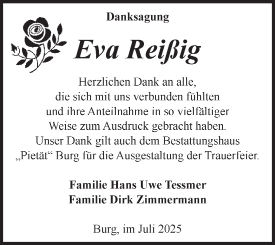 Traueranzeige von Eva Reißig von Volksstimme Burg/Genthin