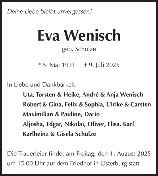 Traueranzeige von Eva Wenisch von Volksstimme Altmark Ost