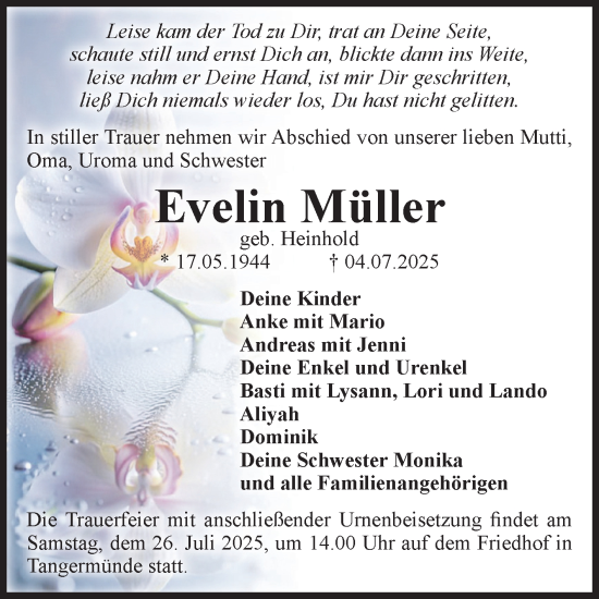 Traueranzeige von Evelin Müller von Volksstimme Altmark Ost