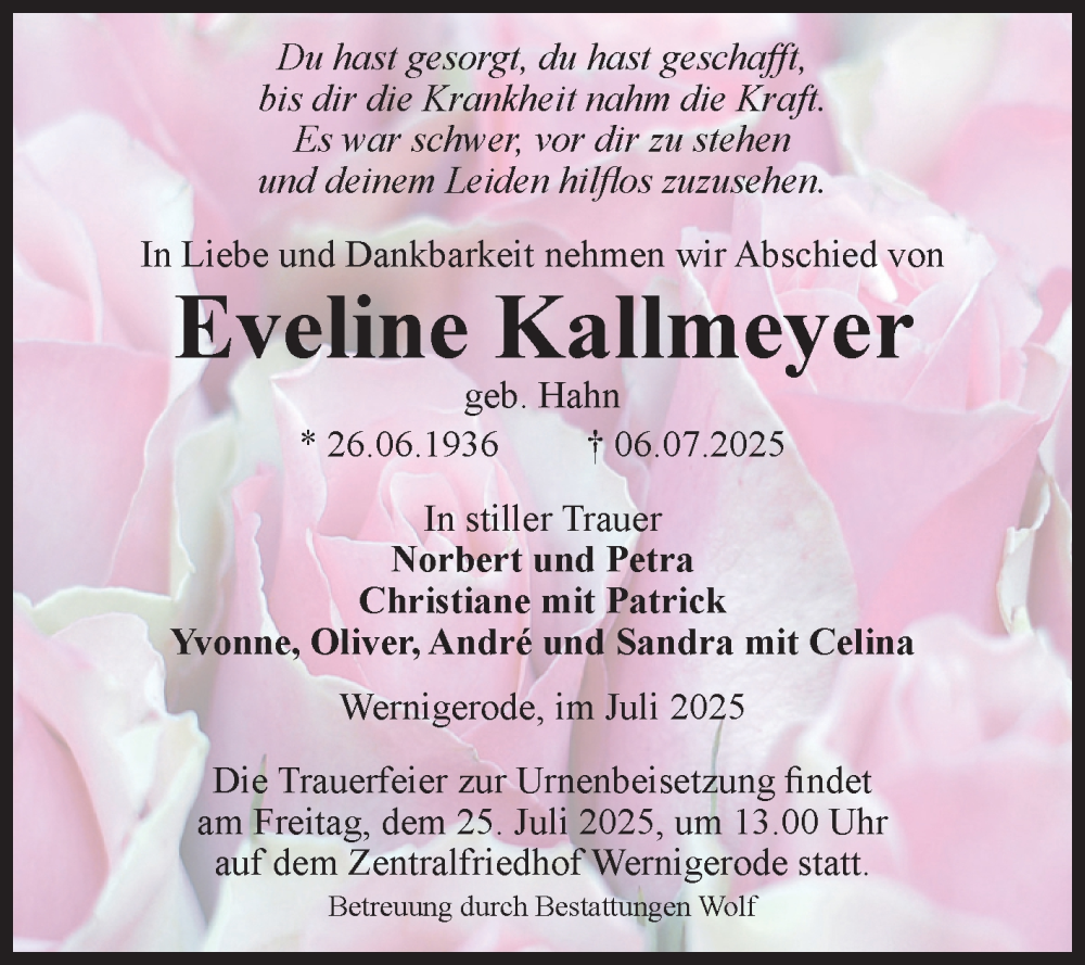  Traueranzeige für Eveline Kallmeyer vom 12.07.2025 aus Volksstimme Wernigerode