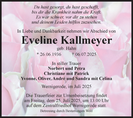 Traueranzeige von Eveline Kallmeyer von Volksstimme Wernigerode