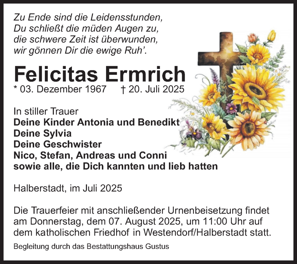  Traueranzeige für Felicitas Ermrich vom 26.07.2025 aus Volksstimme Halberstadt
