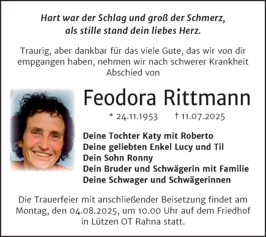 Traueranzeige von Feodora Rittmann von Trauerkombi Weißenfels