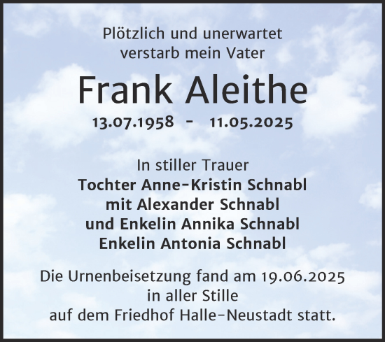 Traueranzeige von Frank Aleithe von Mitteldeutsche Zeitung Halle/Saalkreis