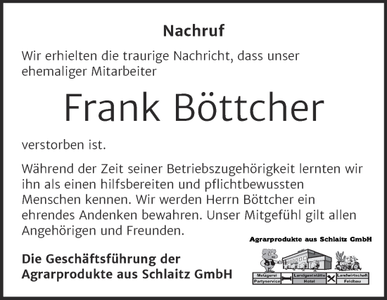 Traueranzeige von Frank Böttcher von Mitteldeutsche Zeitung Bitterfeld