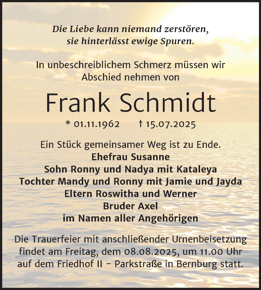  Traueranzeige für Frank Schmidt vom 26.07.2025 aus Trauerkombi Bernburg