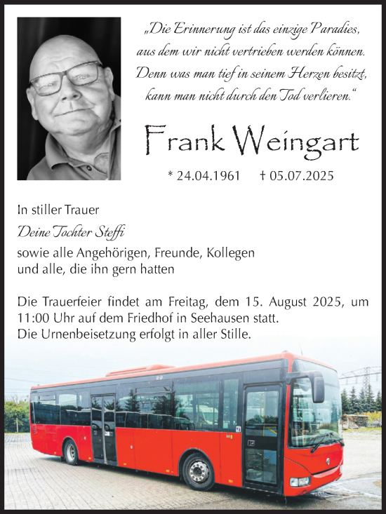 Traueranzeige von Frank Weingart von Volksstimme Altmark Ost
