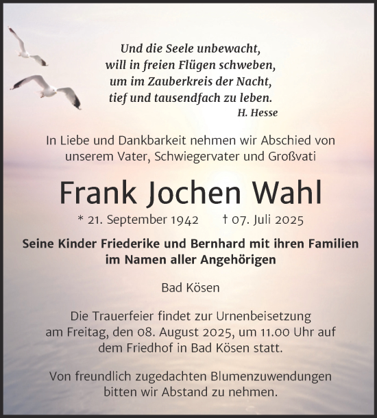 Traueranzeige von Frank Jochen Wahl von Naumburger Tageblatt