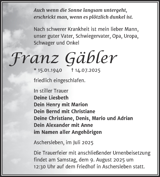 Traueranzeige von Franz Gäbler von Trauerkombi Aschersleben