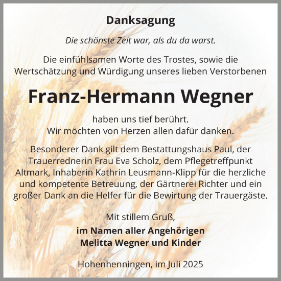 Traueranzeige von Franz-Hermann Wegner von Volksstimme Altmark West